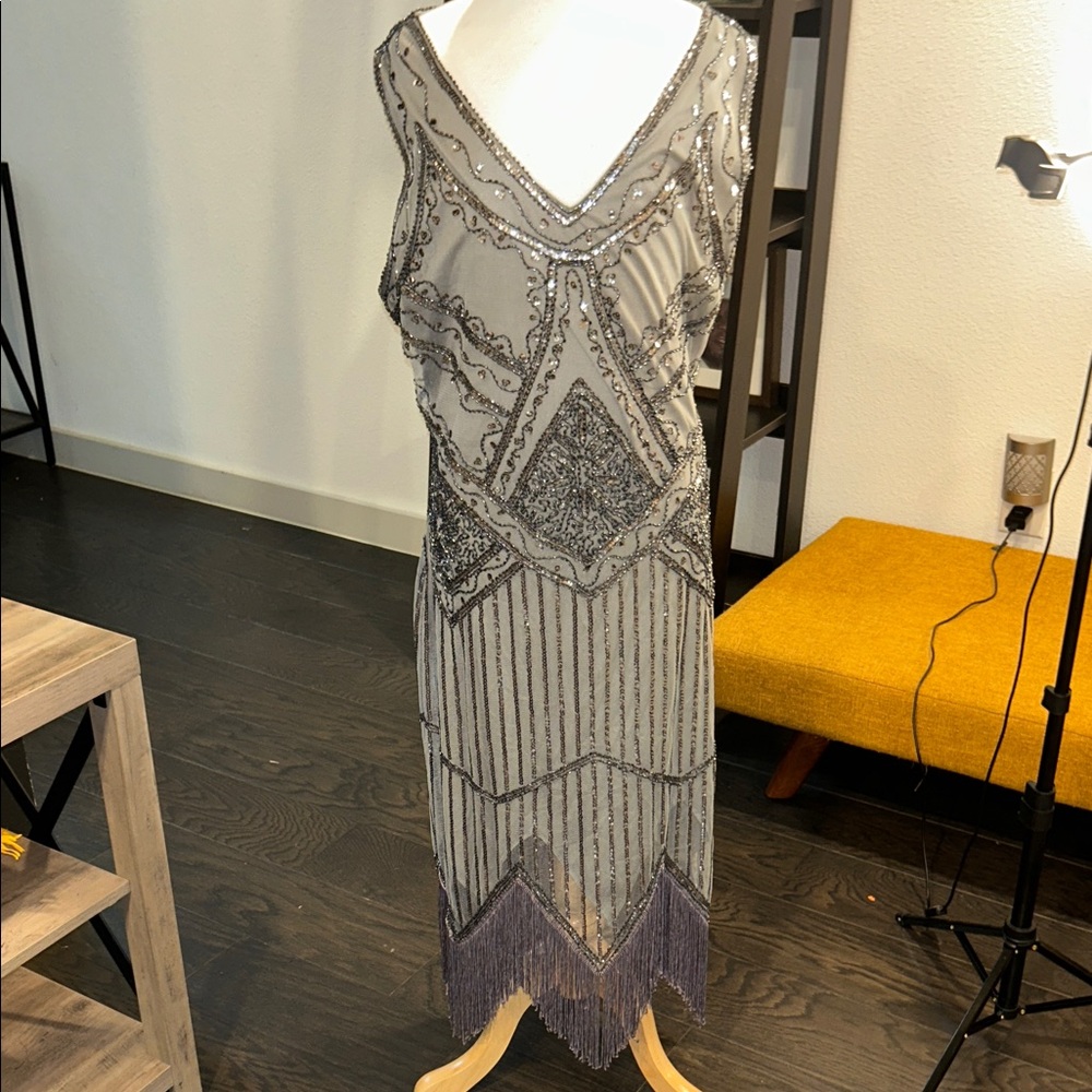 Unique Vintage Silver Beaded Midi Dress